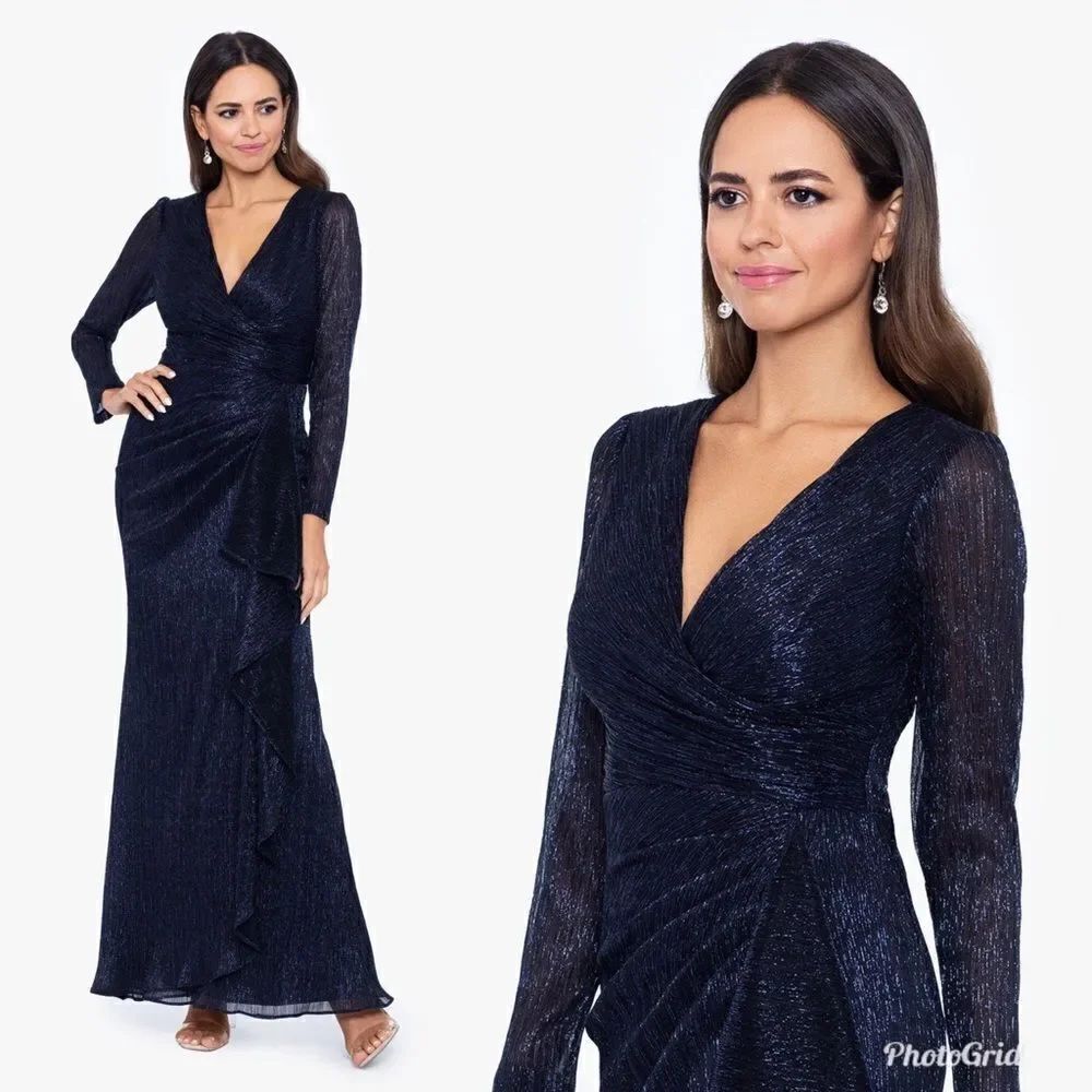 Revolve Betsy & Adam MAGGIE LONG PLEATED METALLIC V-NECK DRESS 8 Petite
